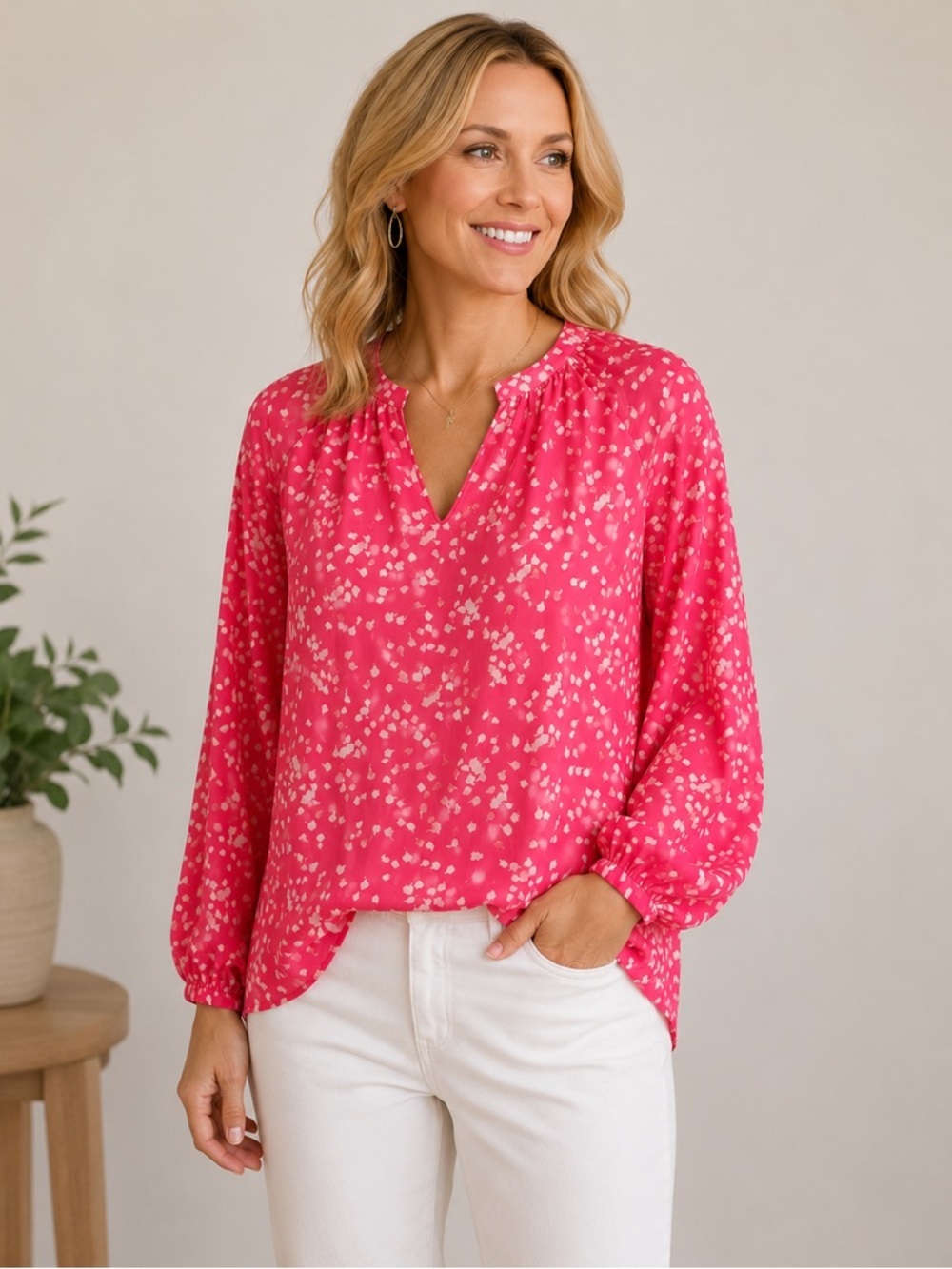 Women’s Blouse XL Hot Pink White Print Boho Peasant Top Long Sleeve